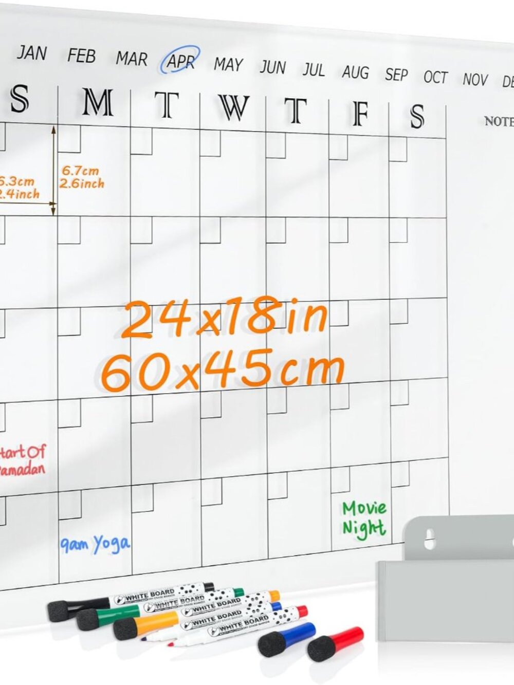 Acrylic Calendar for Wall 24" x 18", Monthly Dry Erase Calendar